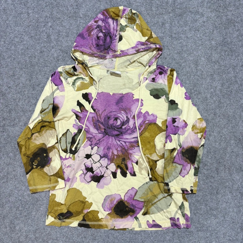 Color Me Cotton CMC Floral Hoodie Top Purple Olive Green Made in USA Small